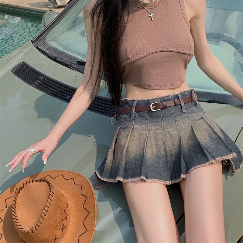 Vintage Denim Skirt Women 2023 Summer New American Trend High Street Sexy Mini Skirt Fashion Irregular High Waist Pleated Skirt