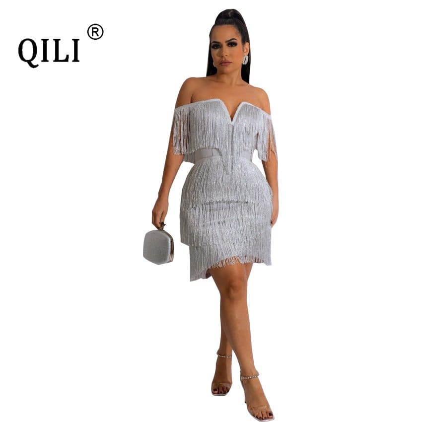 QILI Off The Shoulder Tassel Sexy Dresses for Women 2023 White Black Dress Elegant Cascading Tassels Vestido Feminino