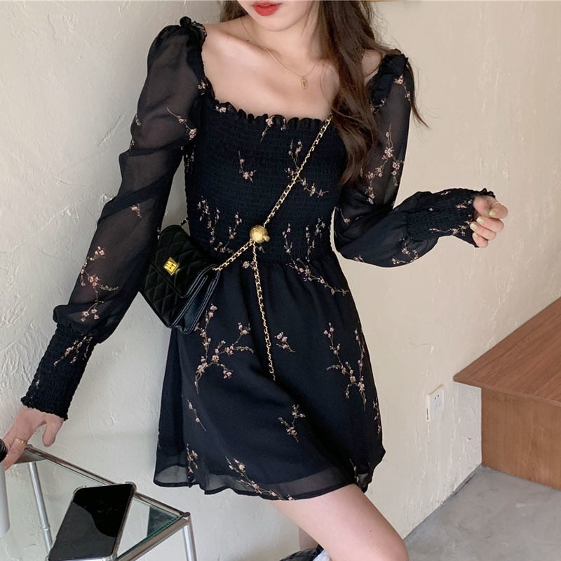 Spring Womens Sexy Black Dress Vintage Flower Long Puff Sleeve Chiffon Dresses Korean Casual Mini Vestidos Mujer Clothes 13676