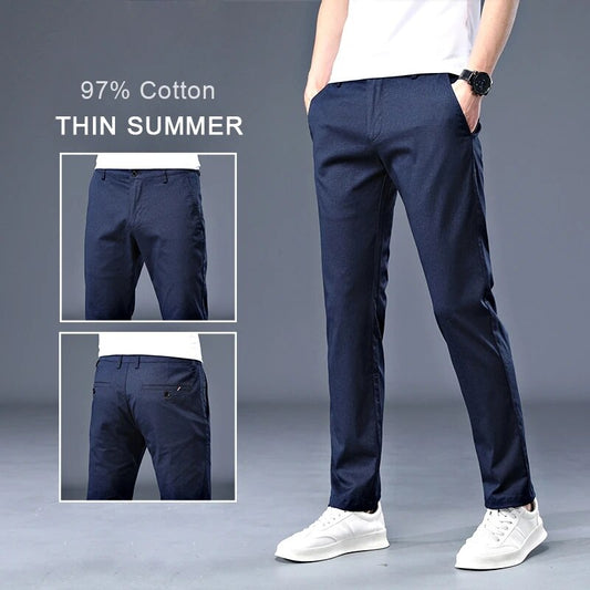 Summer 97% Cotton Men Thin Regular Fit Casual Pants High Quality Business Fashion Small Plaid Straight Trousers Male Brand