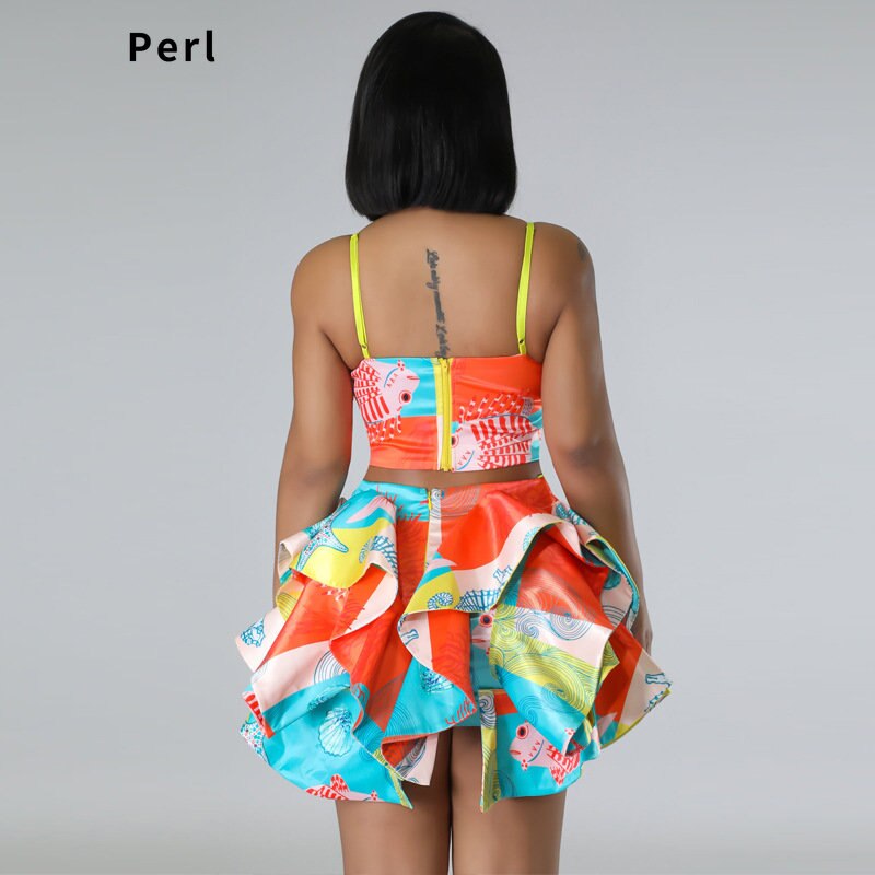 Perl Sling Printed Sequin Crop Top+petal Skirt Suit Charming Two Piece Sets Women Outfits Sexy Dress Sets Party Birthday Wear