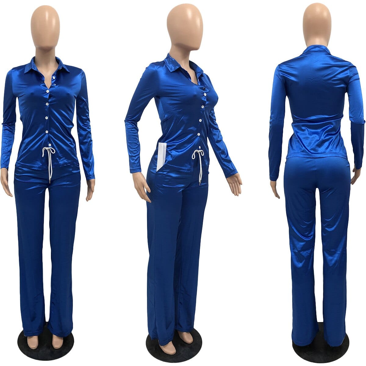 Elegant Satin 2 Piece Set Women Sexy Button Long Sleeve Lace Up Shirt Top + Drawstring Pants Slim Club Party Matching Sets