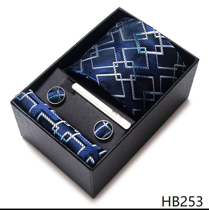 Silk Brand Tie Handkerchief Cufflink Set Necktie Holiday Gift Box Man's Blue Gold Suit Accessories Slim Cravat Wedding Gravatas