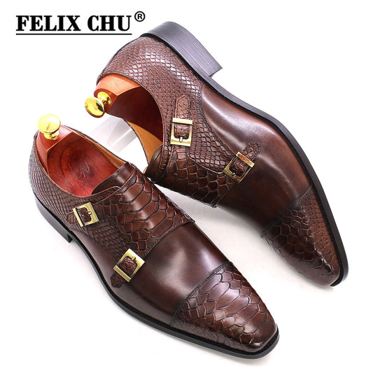 Size 6 to 13 Mens Dress Shoes Genuine Leather Double Buckle Monk Strap Men Shoes Snake Print Cap Toe Classic Italian Shoes