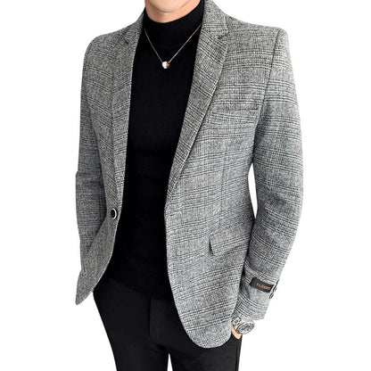 New Men Casual Blazer British Style Business Slim Fit Plaid Suit Coat Long Sleeve Male Formal Single Buckle Suit Jacket