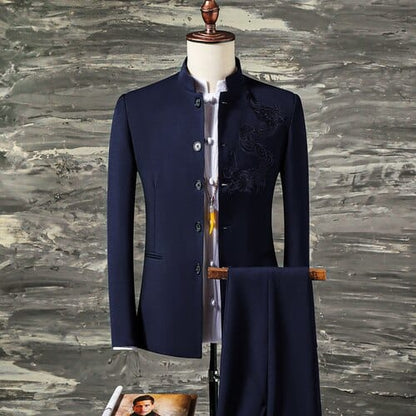 2 Pcs Set Stand Collar Blazers Jacket Pants /  Fashion New Men's Casual Boutique Business Solid Color Suit Coat Trousers