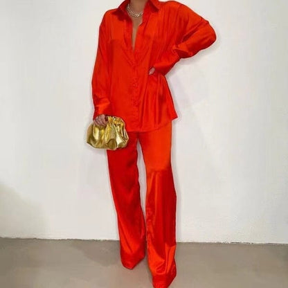 Elegant Satin Women Sets Casual Long Sleeve Shirt Straight Pants Suit  Pieces Outfits