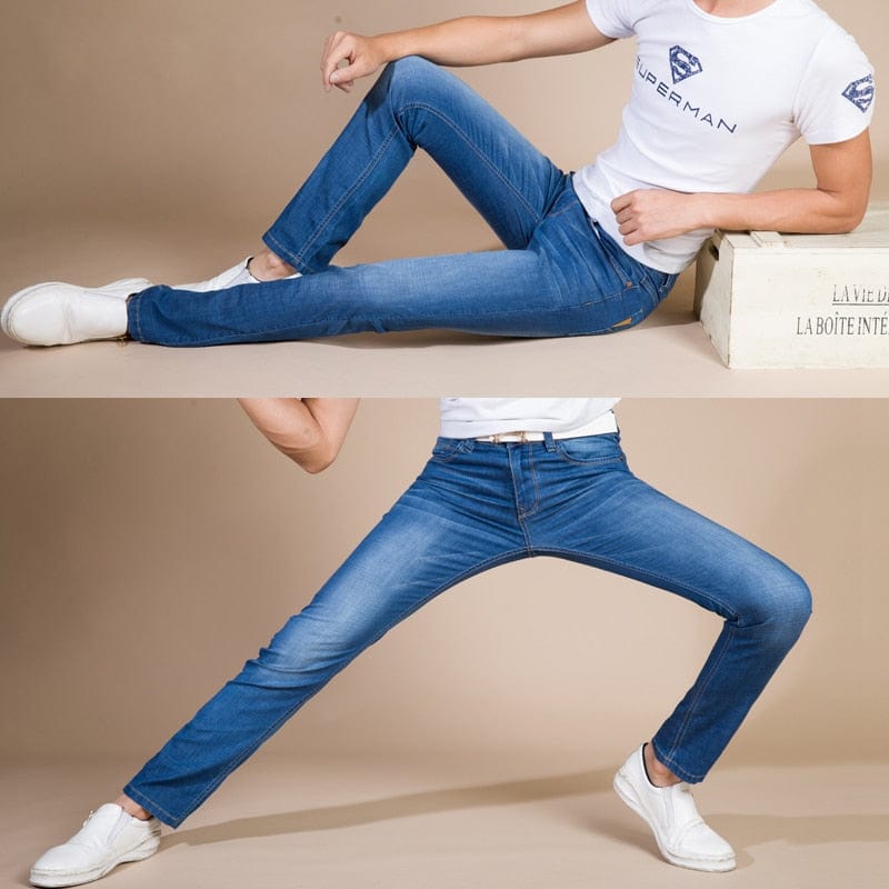 Brother Wang, stil clasic, blugi pentru bărbați de marcă, pantaloni de denim subțiri, elastici, casual, albastru deschis, negri, pentru bărbați