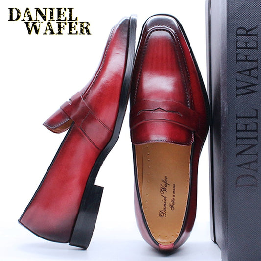 Luxury Men Penny Loafers Genuine Leather Slip On Red Black Casual Business Dress Shoes Mens Wedding Party Office Fashion Shoes