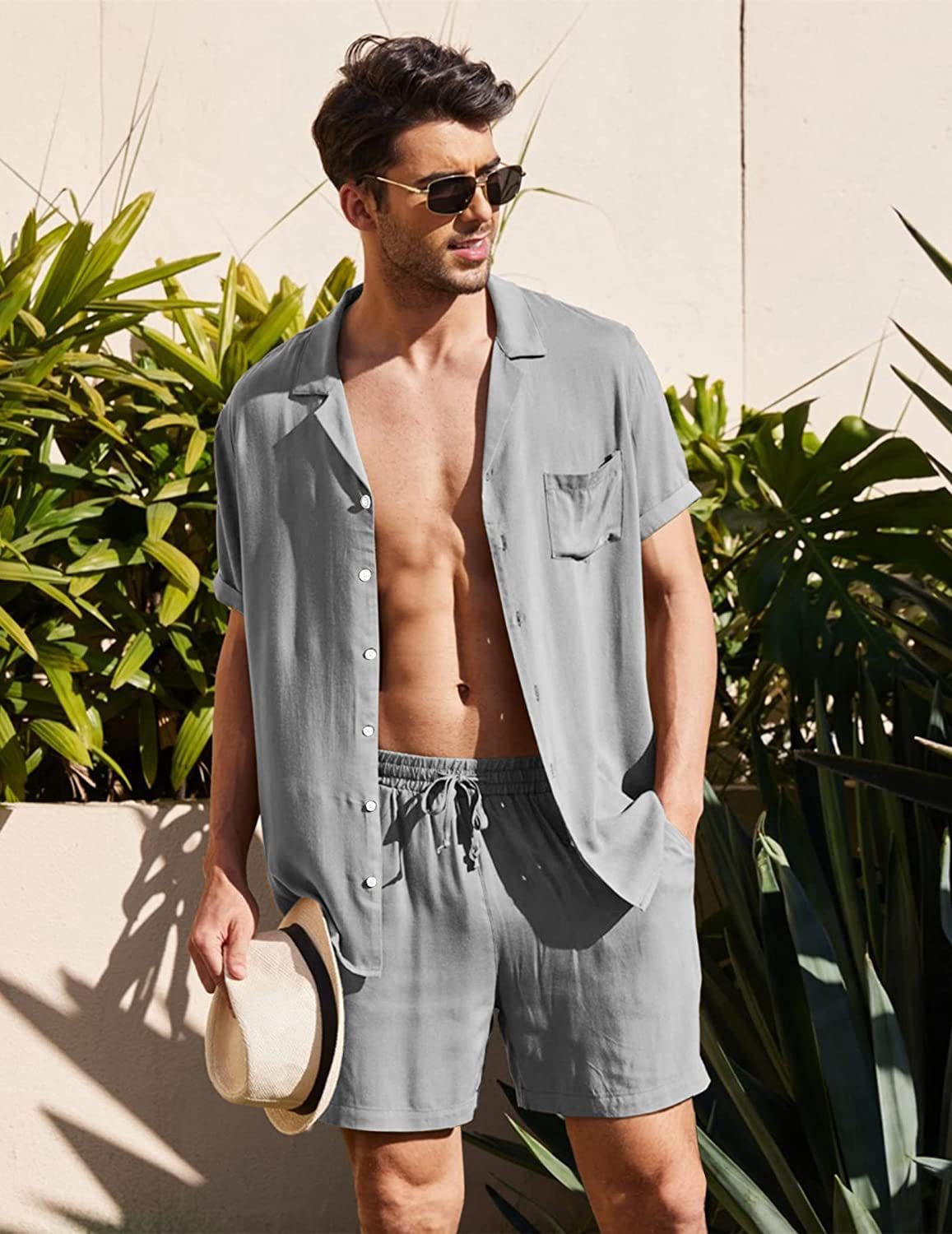 Summer Cotton Linen Shirt Set Men&#39;s Casual Outdoor 2-Piece Suit Andhome Clothes Pajamas Comfy Breathable Beach Short Sleeve Sets