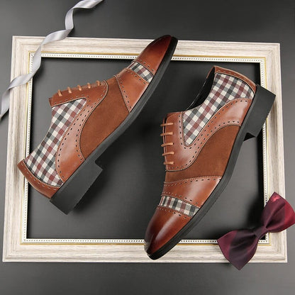 Men's Brogue Shoes Brown Black Patchwork Fabric Business Lace-up Breathable Dress Shoes  Men Casual Shoes Free Shipping