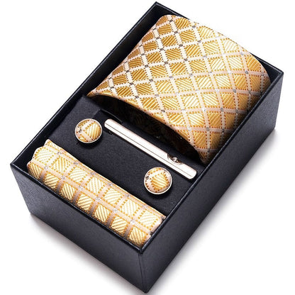 Silk Brand Tie Handkerchief Cufflink Set Necktie Holiday Gift Box Man's Blue Gold Suit Accessories Slim Cravat Wedding Gravatas