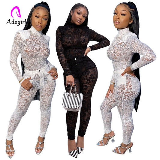 2020 New Spring Women Pants Suit 2 Piece Set Lace Sexy Night Club Tracksuits Outfits