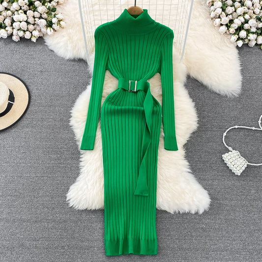 Chic Elegant Turtleneck Long Sleeve Bodycon Dress with Belt Sexy Fashion Knit Vestido Slim Autumn Winter Pencil Sweater Robe