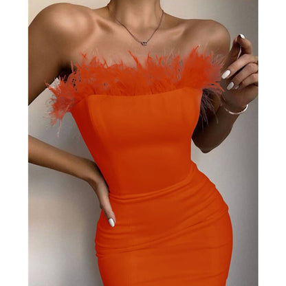 New Summer Sexy Strapless Backless Feather Black Midi Women Bodycon Bandage Dress  Designer Fashion Party Club Dress Vestido
