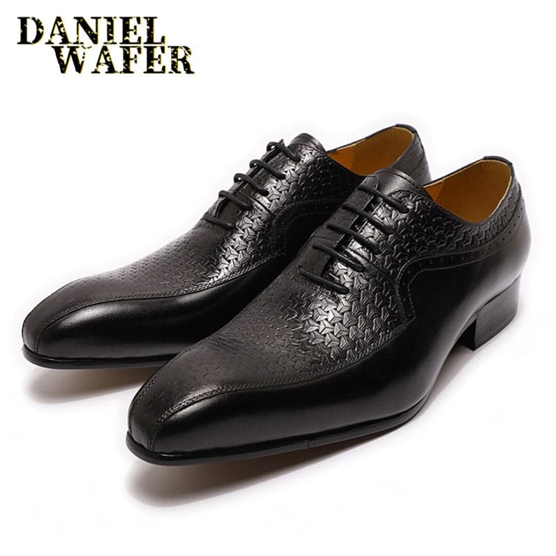 Luxury Brand Men&#39;s Oxford Formal Shoes Black Brown Pointed Toe Lace Up Office Business Wedding Genuine Leather Shoes for Men