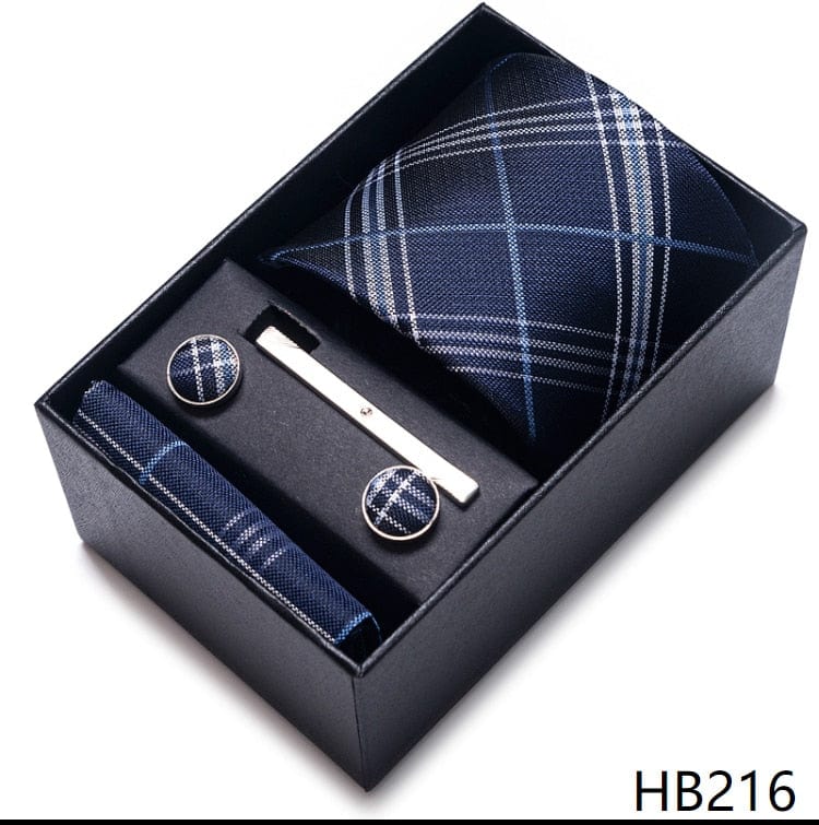 Silk Brand Tie Handkerchief Cufflink Set Necktie Holiday Gift Box Man's Blue Gold Suit Accessories Slim Cravat Wedding Gravatas