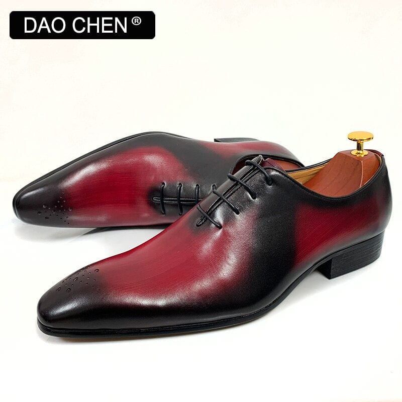 ELEGANT FORMAL MEN GENUINE LEATHER SHOES LACE UP POINTED TOE MAN DRESS SHOES RED MIX BLACK WEDDING BUSINESS OXFORD SHOES FOR MEN