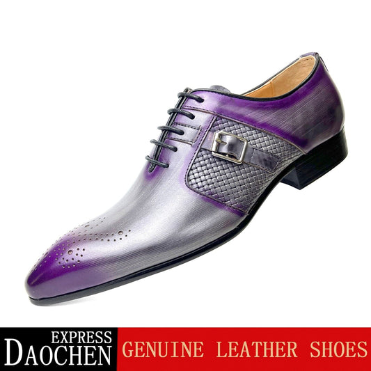 Luxury Brand Mens Dress Wedding High Quality Shoes  Brogues Leather Purple Mixed Colors Oxford Pointed Toe Shoes