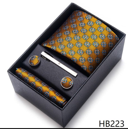 Silk Brand Tie Handkerchief Cufflink Set Necktie Holiday Gift Box Man's Blue Gold Suit Accessories Slim Cravat Wedding Gravatas