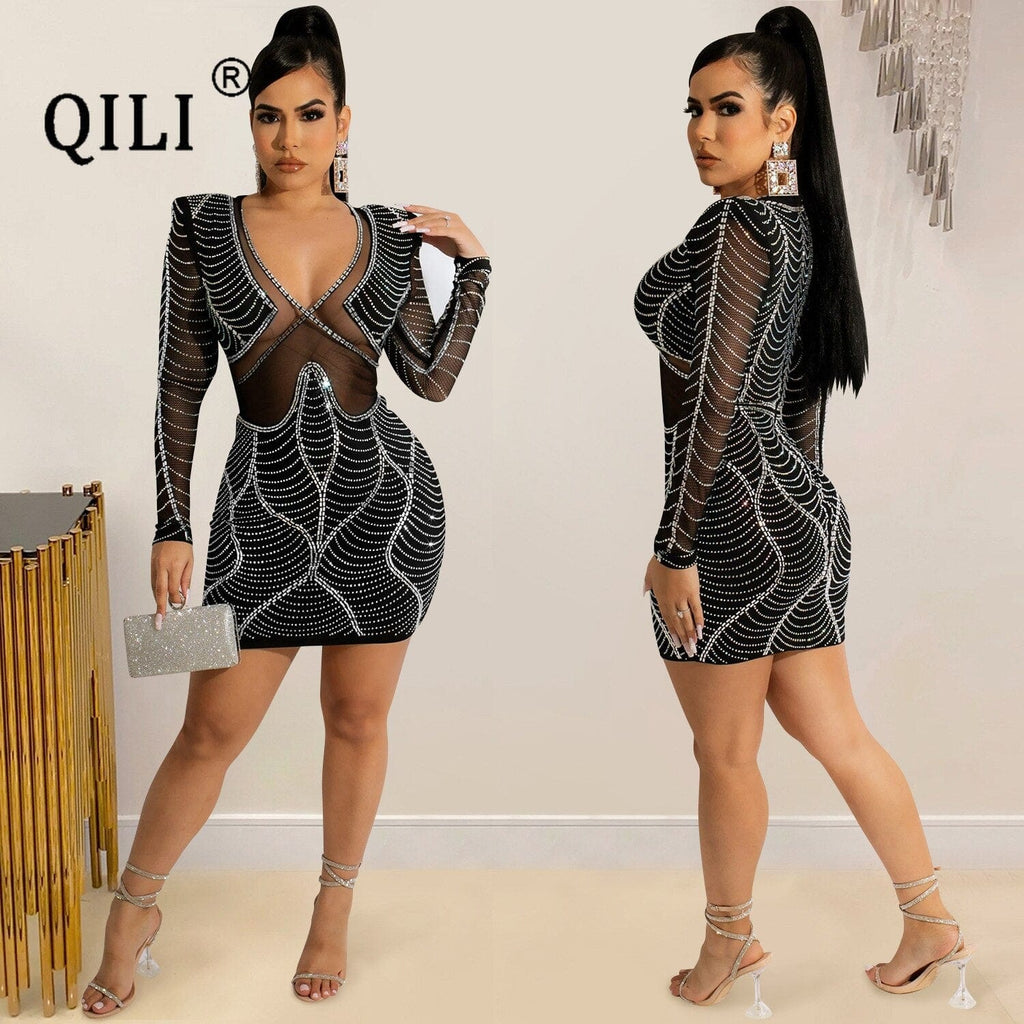 QILI Hollow Out Diamonds Dress See Through Mesh Mini Hip Wrap Short Dresses Party Club Dress Deep V-Neck Full Sleeve