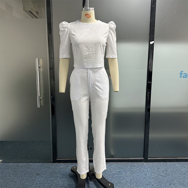 Waytobele Set de două piese pentru femei, vară, elegant, cu mâneci bufante scurte, cu gât rotund, top solid, pantaloni largi casual, îmbrăcăminte înaltă