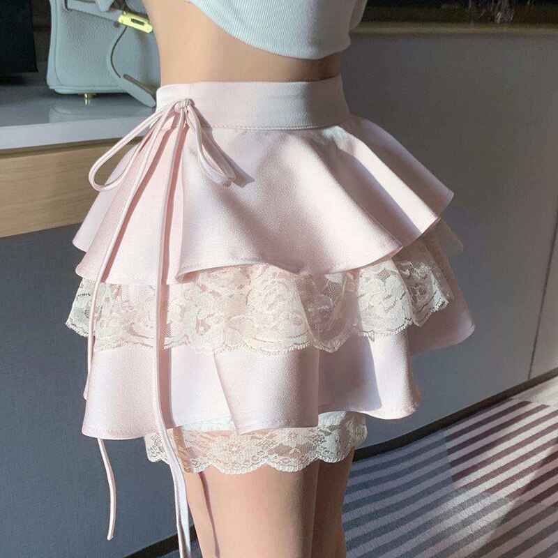 HOUZHOU Pink Ruffle Mini Skirt Women Fairycore Kawaii Lace Patchwork Double-layer Cute High Waist Bandage Sexy Short Skirts