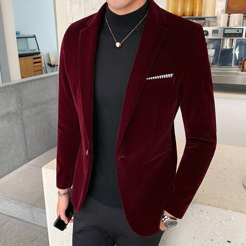 Blazere din catifea burgundă pentru bărbați, costume ocazionale, jachete, bărbați, nuntă, mire, cântăreț, costum Blazer subțire, îmbrăcăminte formală, rochie 5XL