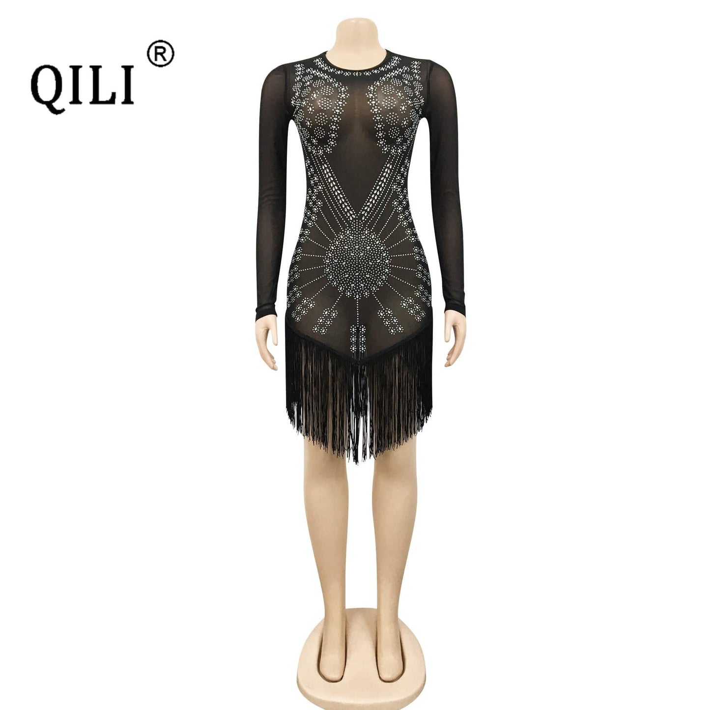 QILI See Through Mesh Diamonds Dress Black Blue Long Sleeve Rhinestone Mini Nightclub Dress Tassel