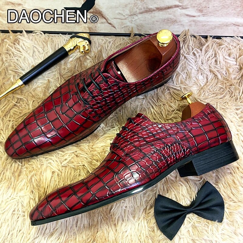 LUXURY BRAND MENS REAL LEATHER SHOES RED BLACK LACE UP POINTED DERBY OXFORDS PRINTED MAN SHOE WEDDING OFFICE CASUAL SHOE FOR MAN