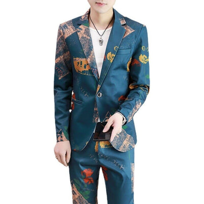 Fashion Trend Printing Suit Jacket Pants Two-piece Men's  Spring and Autumn New Korean Version Slim One-button Suit Suit
