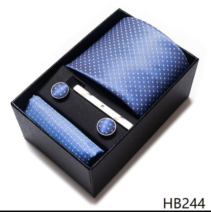 Silk Brand Tie Handkerchief Cufflink Set Necktie Holiday Gift Box Man's Blue Gold Suit Accessories Slim Cravat Wedding Gravatas