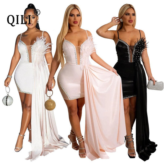 QILI Rochie sexy cu bretele în șold pentru femei, design cu pene, smoking cu o singură față, rochie mini pentru femei, alb, negru, roz