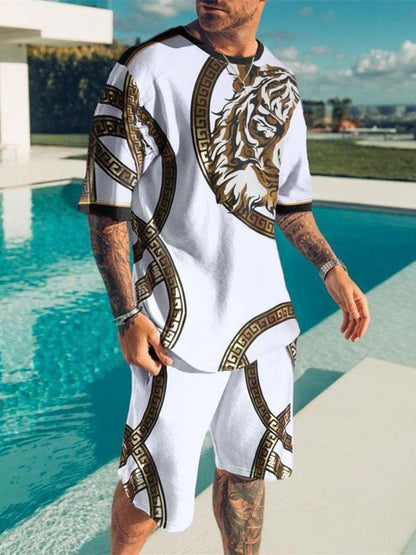 New Fashion Men's Suit Men's Print Suit Short Sleeve Summer Casual T-shirt Beach Two Piece Suit