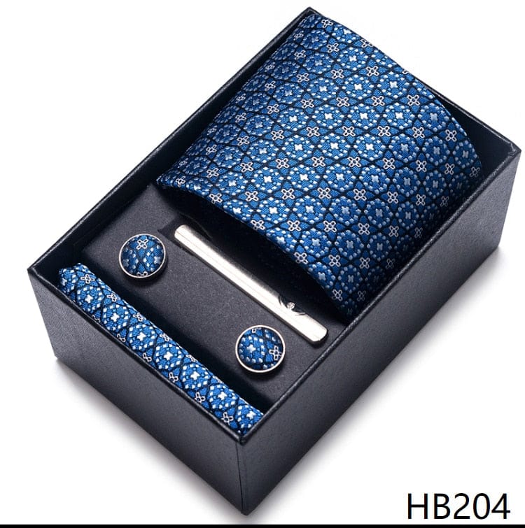 Silk Brand Tie Handkerchief Cufflink Set Necktie Holiday Gift Box Man's Blue Gold Suit Accessories Slim Cravat Wedding Gravatas