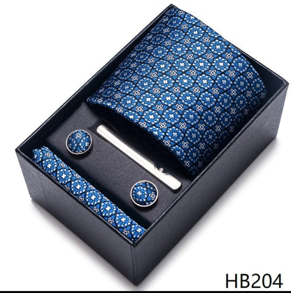 Silk Brand Tie Handkerchief Cufflink Set Necktie Holiday Gift Box Man's Blue Gold Suit Accessories Slim Cravat Wedding Gravatas