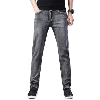 Straight Men's Classic Blue Black Grey Denim Elastic Regular Fit Male Stretch Jeans Business Casual  Style Pants