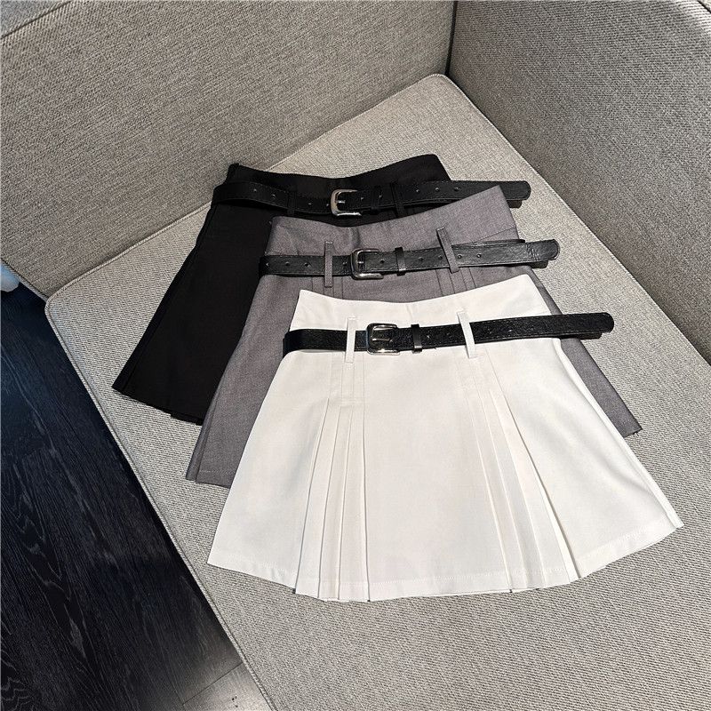 HOUZHOU Preppy Pleated Mini Skirt Women Summer 2023 Sexy Gyaru Belt High Waist Solid A-Line Micro Skirt Shorts Korean Fashion