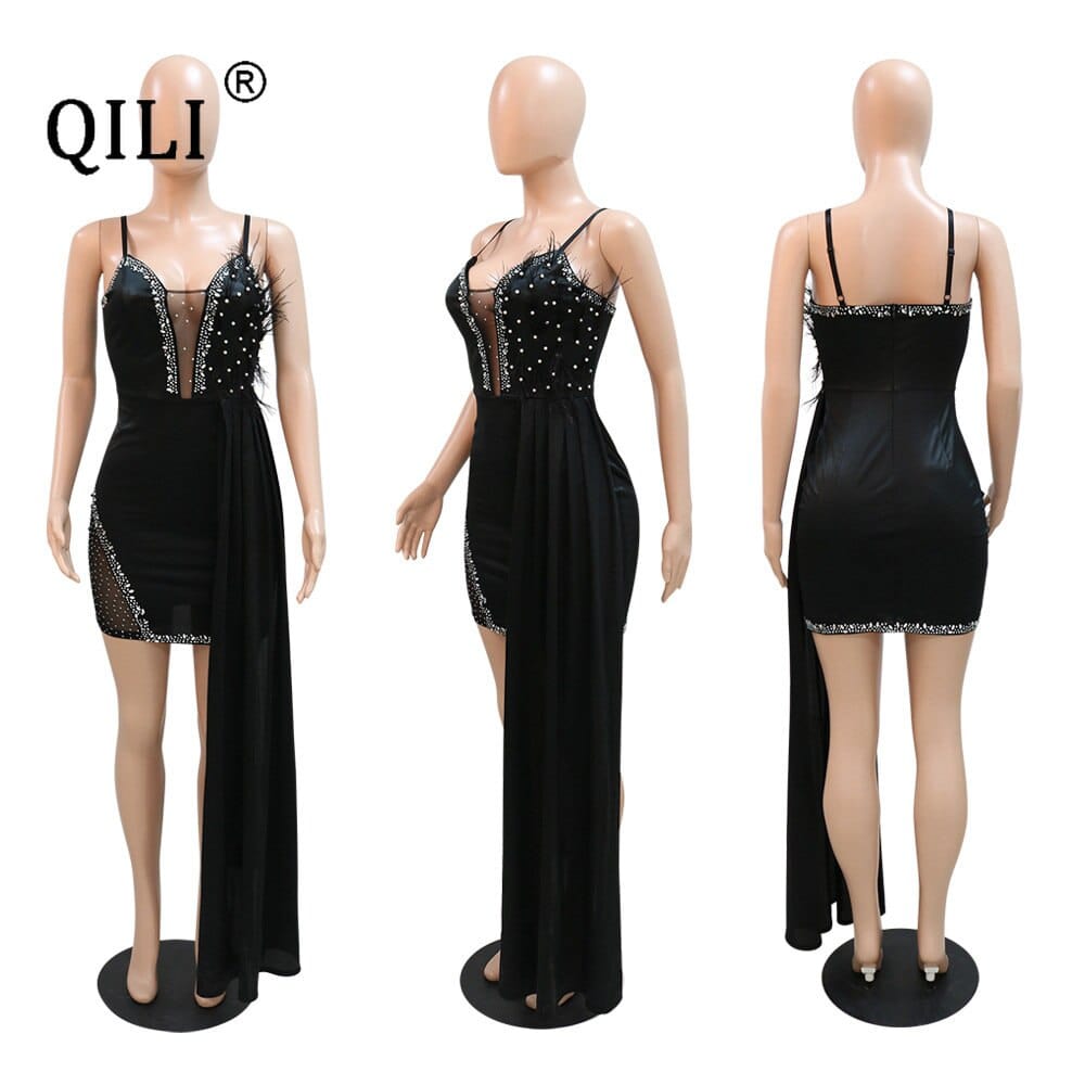 QILI Rochie sexy cu bretele în șold pentru femei, design cu pene, smoking cu o singură față, rochie mini pentru femei, alb, negru, roz