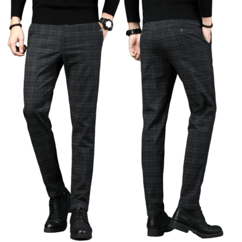 New Mens Casual Plaid Pants Business Casual Slim Fit Dark Grey Classic Style Elastic Trousers Male Brand Clothes Street Fashion