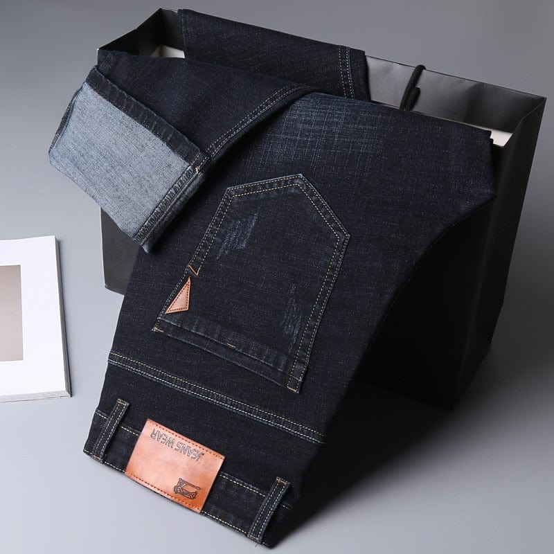 Straight Men's Classic Blue Black Grey Denim Elastic Regular Fit Male Stretch Jeans Business Casual  Style Pants