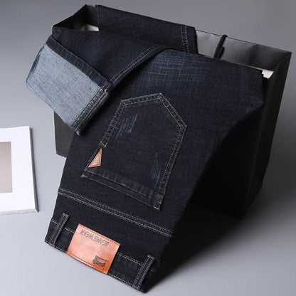 Straight Men's Classic Blue Black Grey Denim Elastic Regular Fit Male Stretch Jeans Business Casual  Style Pants
