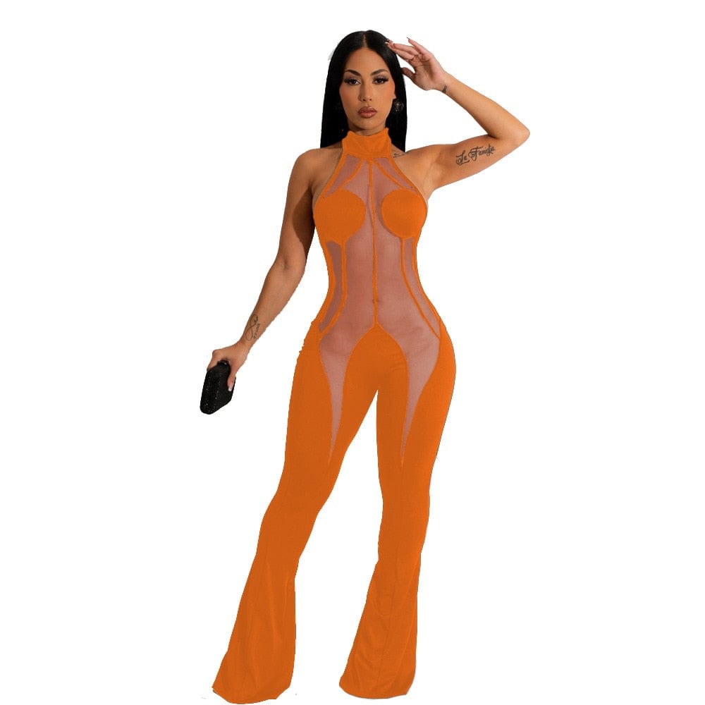 Sexy Halter Backless Long Jumpsuit Women Patchwork Mesh Bodycon Rompers Summer Wide Leg Pants See Through One Piece Club Outfit