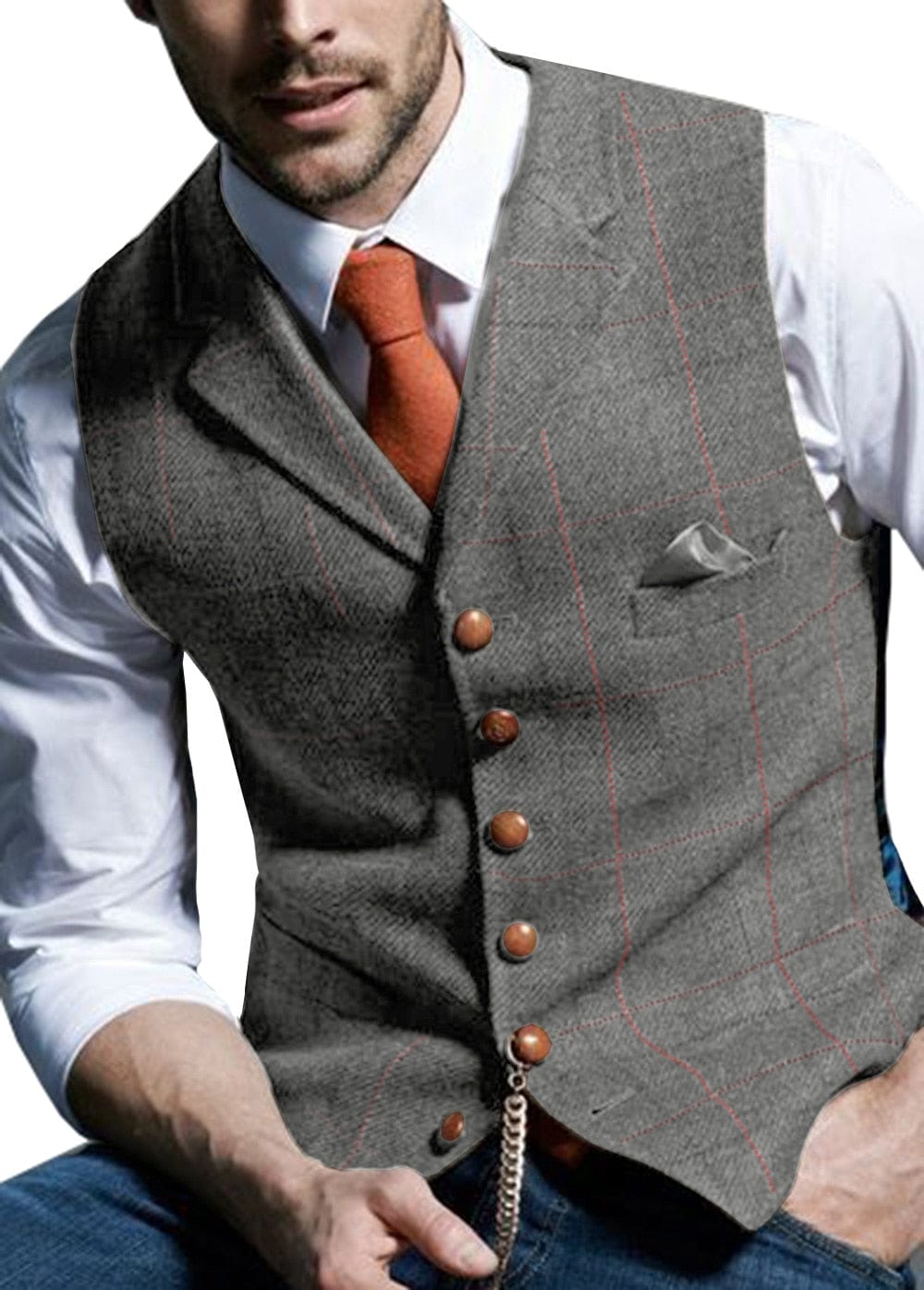 Men&#39;s Vests Tweed Suit Business Clothing for Men Striped Waistcoat  Punk Vest Groomman Wedding Brwon Black Grey Jacket