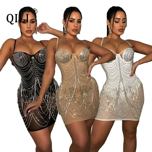 QILI New Arrival Diamond Fringe Dress Women Sleevless Sexy Mini Shor Dress Party Club Bodycon Dress Black White Apricot XXL 3XL