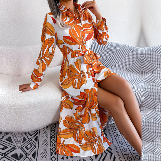 F 2023 New Women Spring Summer Contrast Floral Polo Collar Lace Up Shirt Dress For Ladies Single Breasted Long Dress