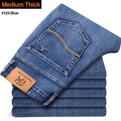 New Men's Stretch Regular Fit Jeans Business Casual Classic Style Fashion Denim Trousers Male Black Blue Gray Pants