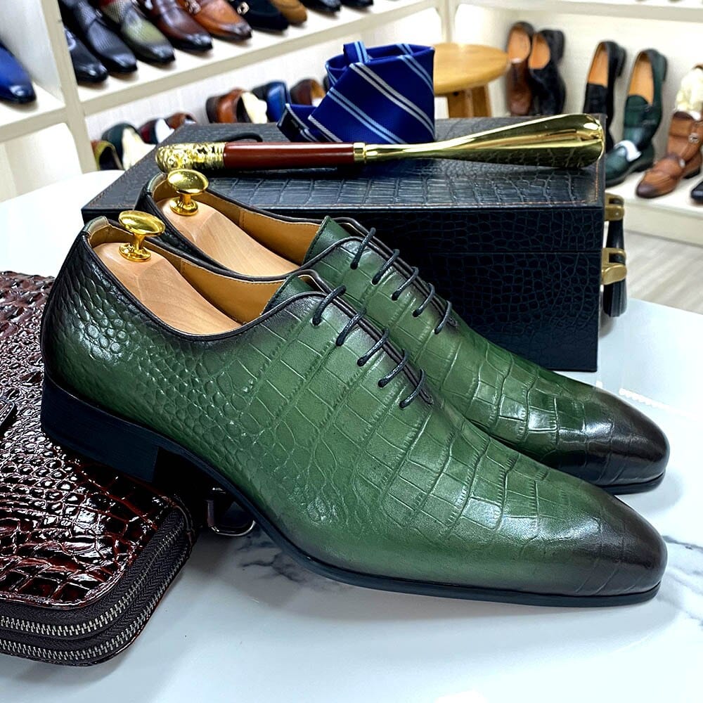 Italian Fashion Elegant Oxford Shoes for Men Genuine Cow Leather Crocodile Lace Up Formal Wedding Shoes Pointed Toe Dress Shoes