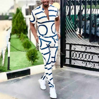 Fashion Spring Summer Men's Casual Two Piece Sets Short Sleeve Tops And Long Pants Suit Pattern Print Outfit Men Streetwear