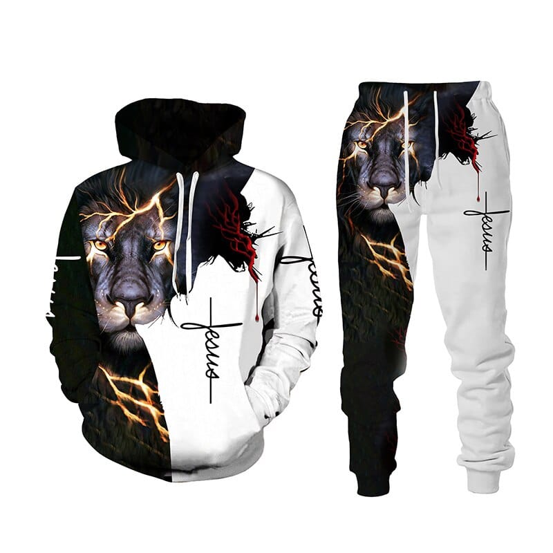 Jesus 3D Lion Printed Hoodie + Pants Two Piece Set Tracksuit Men Women Hooded Sweatshirts Autumn and Winter Men's Clothing Suit